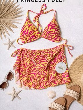 Princess Polly Zebra Bikini Set Pink Yellow Ruffle Tie Size 6 NWT 3 PC set